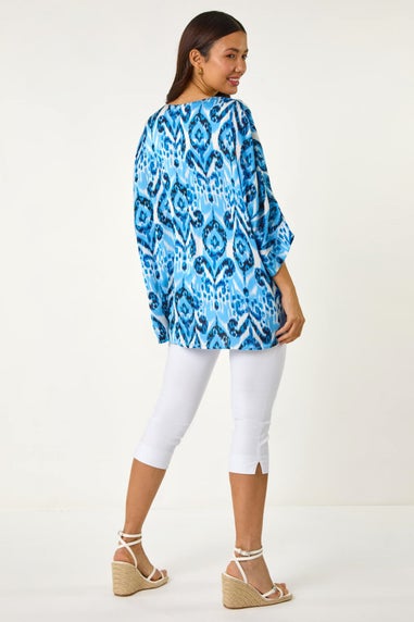 Roman Blue Ikat Print Tunic Top