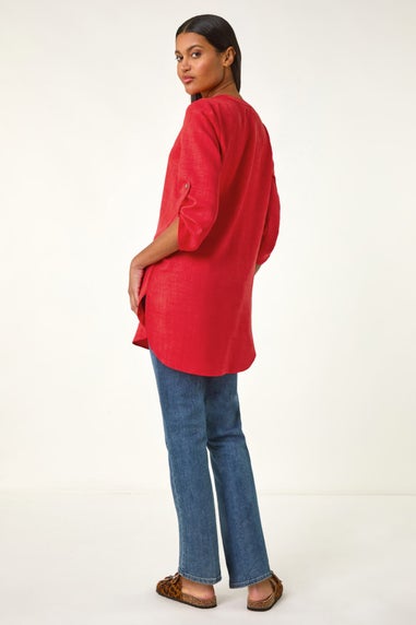 Roman Coral Button Detail Longline Blouse