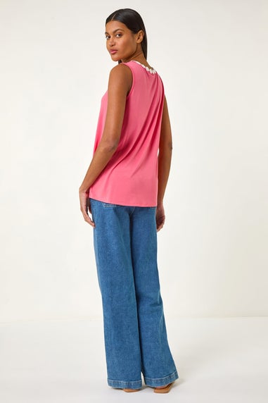 Roman Pink Daisy Neck Trim Vest Top