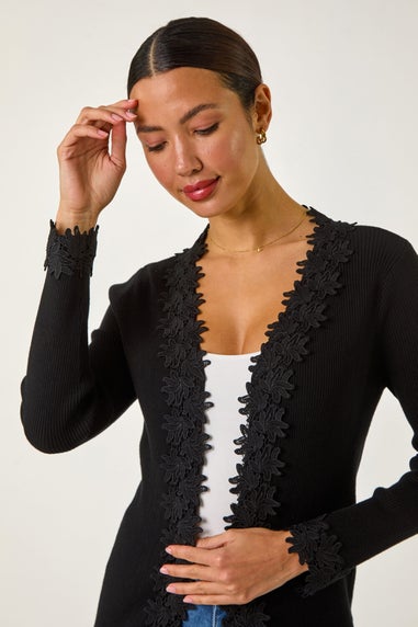 Roman Black Lace Trim Knit Cardigan