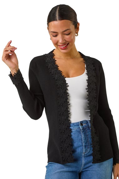 Roman Black Lace Trim Knit Cardigan
