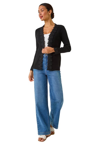 Roman Black Lace Trim Knit Cardigan