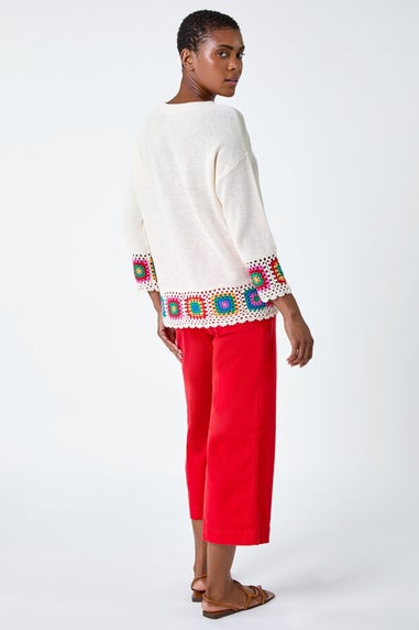 Roman Ivory Floral Crochet Hem Cotton Jumper