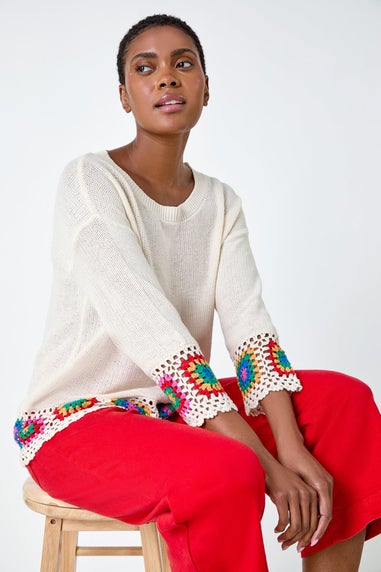 Roman Ivory Floral Crochet Hem Cotton Jumper