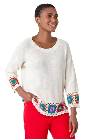 Roman Ivory Floral Crochet Hem Cotton Jumper