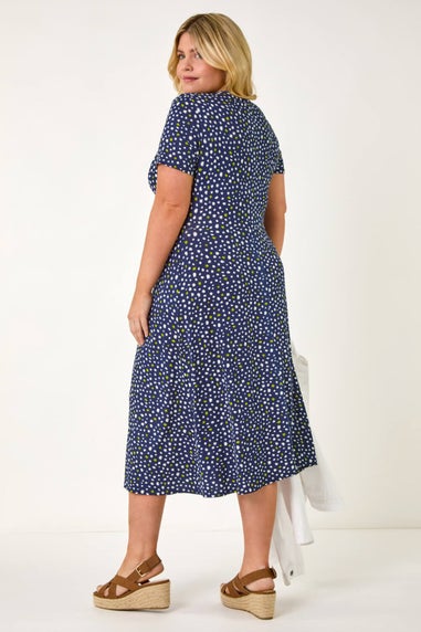 Roman Navy Curve Abstract Twist Front Stretch Midi Dress