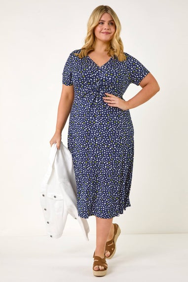 Roman Navy Curve Abstract Twist Front Stretch Midi Dress