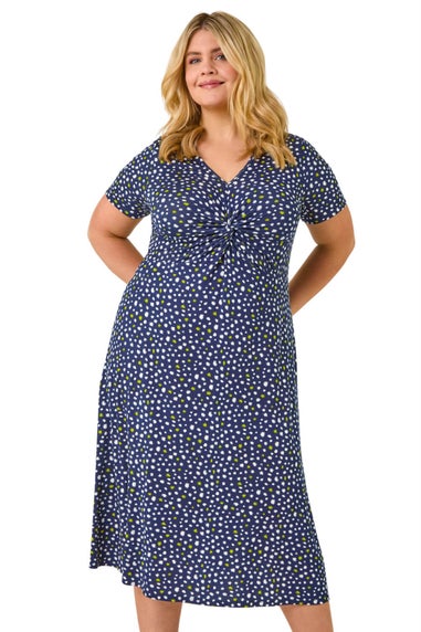 Roman Navy Curve Abstract Twist Front Stretch Midi Dress