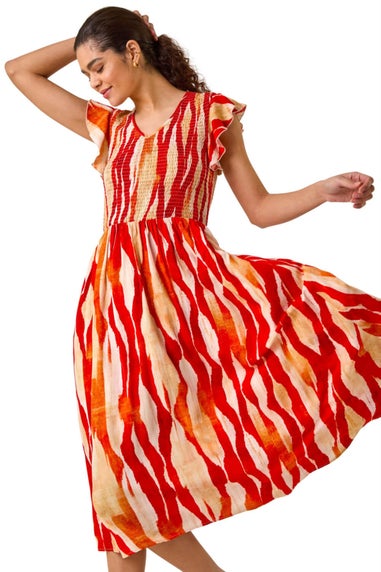 Roman Red Wave Print Shirred Midi Dress