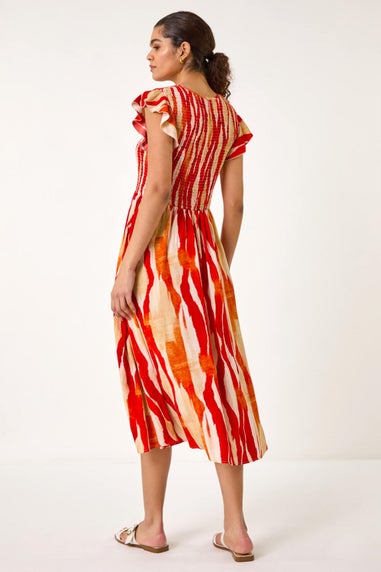 Roman Red Wave Print Shirred Midi Dress