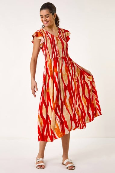 Roman Red Wave Print Shirred Midi Dress
