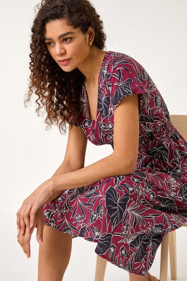 Roman Burgundy Abstract Leaf Print Shirred Midi Dress