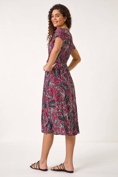Roman Burgundy Abstract Leaf Print Shirred Midi Dress
