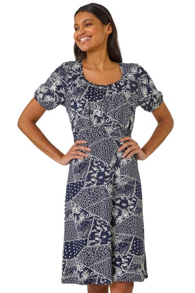 Roman Navy Patch Print Gathered Dress