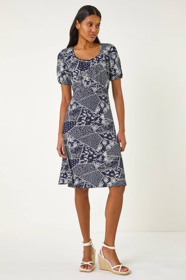 Roman Navy Patch Print Gathered Dress