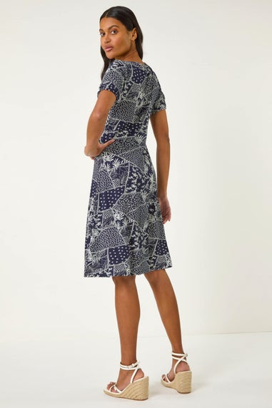 Roman Navy Patch Print Gathered Dress