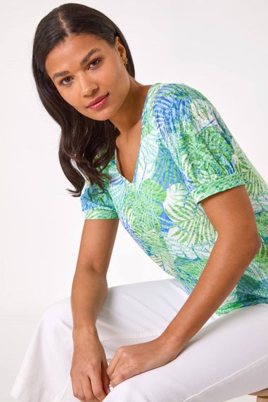 Roman Green Leaf Print V-Neck Burnout Blouse