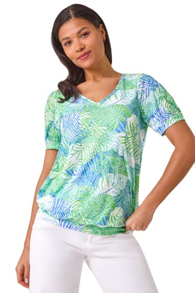 Roman Green Leaf Print V-Neck Burnout Blouse