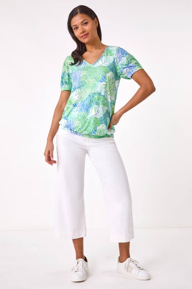 Roman Green Leaf Print V-Neck Burnout Blouse