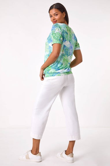Roman Green Leaf Print V-Neck Burnout Blouse