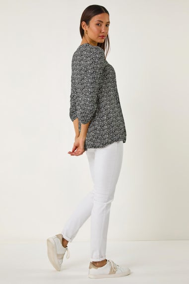 Roman Black Animal Print Pintuck Shirt