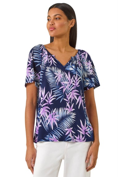 Roman Navy Textured Print Notch Neck Stretch Top
