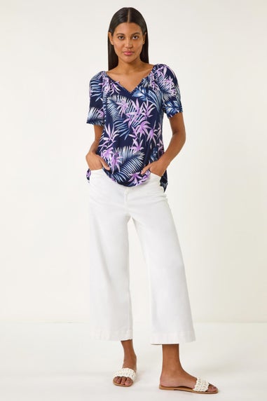 Roman Navy Textured Print Notch Neck Stretch Top