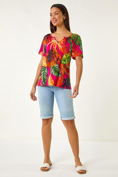 Roman Fuchsia Tropical Print Notch Neck Stretch Top