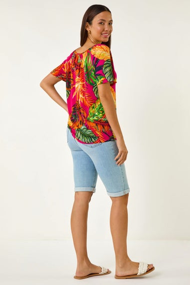 Roman Fuchsia Tropical Print Notch Neck Stretch Top