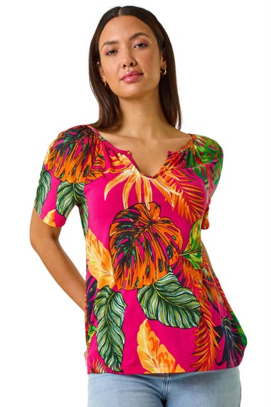 Roman Fuchsia Tropical Print Notch Neck Stretch Top