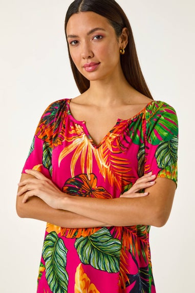 Roman Fuchsia Tropical Print Notch Neck Stretch Top