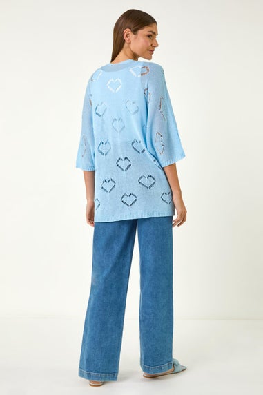 Roman Light Blue Pointelle Heart Knit Cardigan