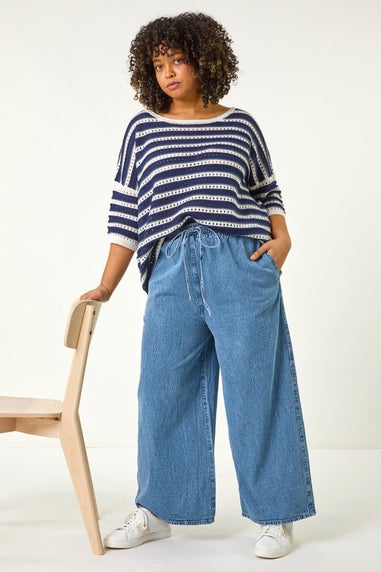 Roman Light Blue Curve Tie Waist Denim Wide Leg Trouser