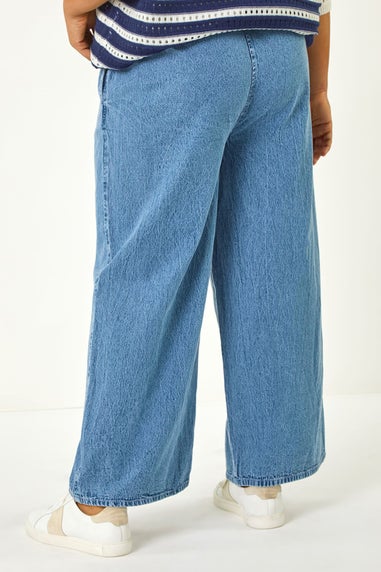 Roman Light Blue Curve Tie Waist Denim Wide Leg Trouser