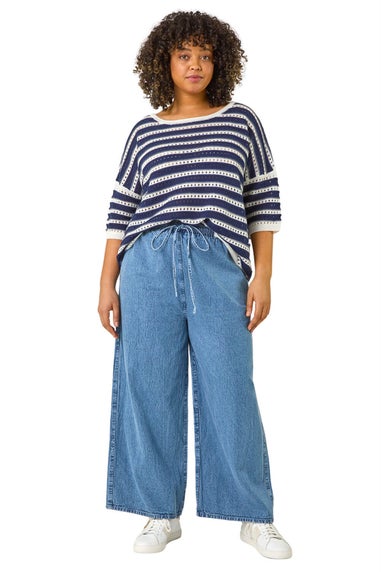 Roman Light Blue Curve Tie Waist Denim Wide Leg Trouser