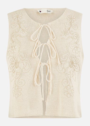 Yumi Beige Knitted Tie Front Waistcoat With Floral Details