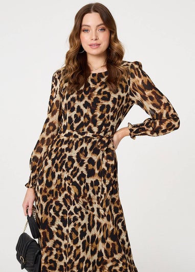 Izabel London Brown Animal Print Sheer Layered Maxi Dress