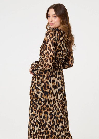 Izabel London Brown Animal Print Sheer Layered Maxi Dress