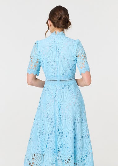 Izabel London Blue Floral Lace Cut Out Frilled Trim Midi Dress