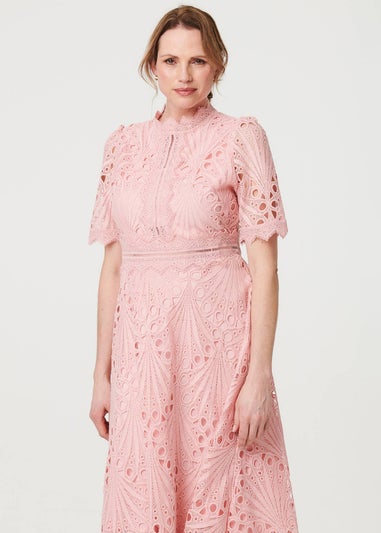 Izabel London Pink Floral Lace Cut Out Frilled Trim Midi Dress