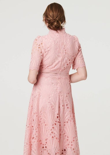 Izabel London Pink Floral Lace Cut Out Frilled Trim Midi Dress