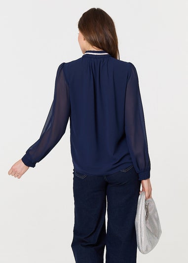 Izabel London Navy Sparkle Trim High Neck Semi Sheer Blouse