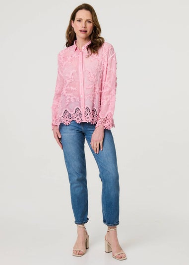 Izabel London Pink Embroidered Lace Long Sleeve Shirt