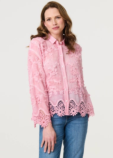 Izabel London Pink Embroidered Lace Long Sleeve Shirt