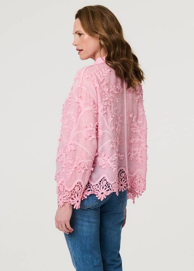 Izabel London Pink Embroidered Lace Long Sleeve Shirt