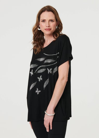 Izabel London Black Sparkly Embellished Relaxed T-Shirt