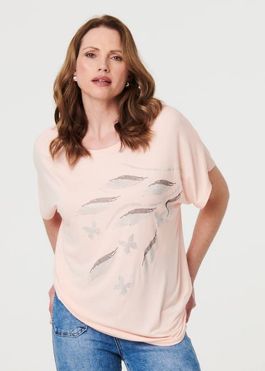 Izabel London Pink Sparkly Embellished Relaxed T-Shirt