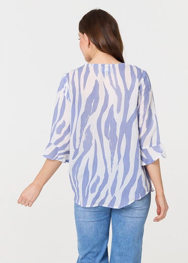 Izabel London Blue Animal Print 3/4 Flared Sleeve Blouse