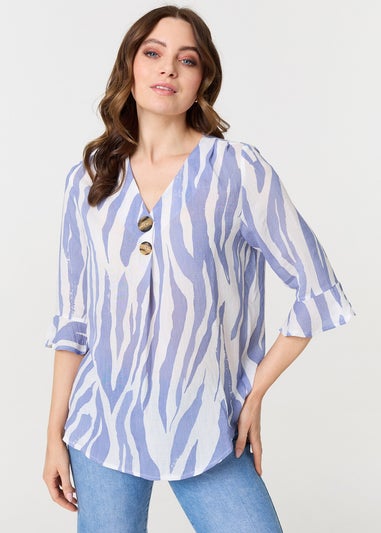 Izabel London Blue Animal Print 3/4 Flared Sleeve Blouse