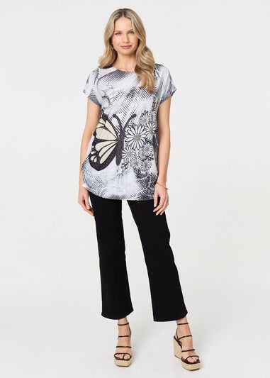 Izabel London Grey Butterfly Print Short Sleeve Tunic Top